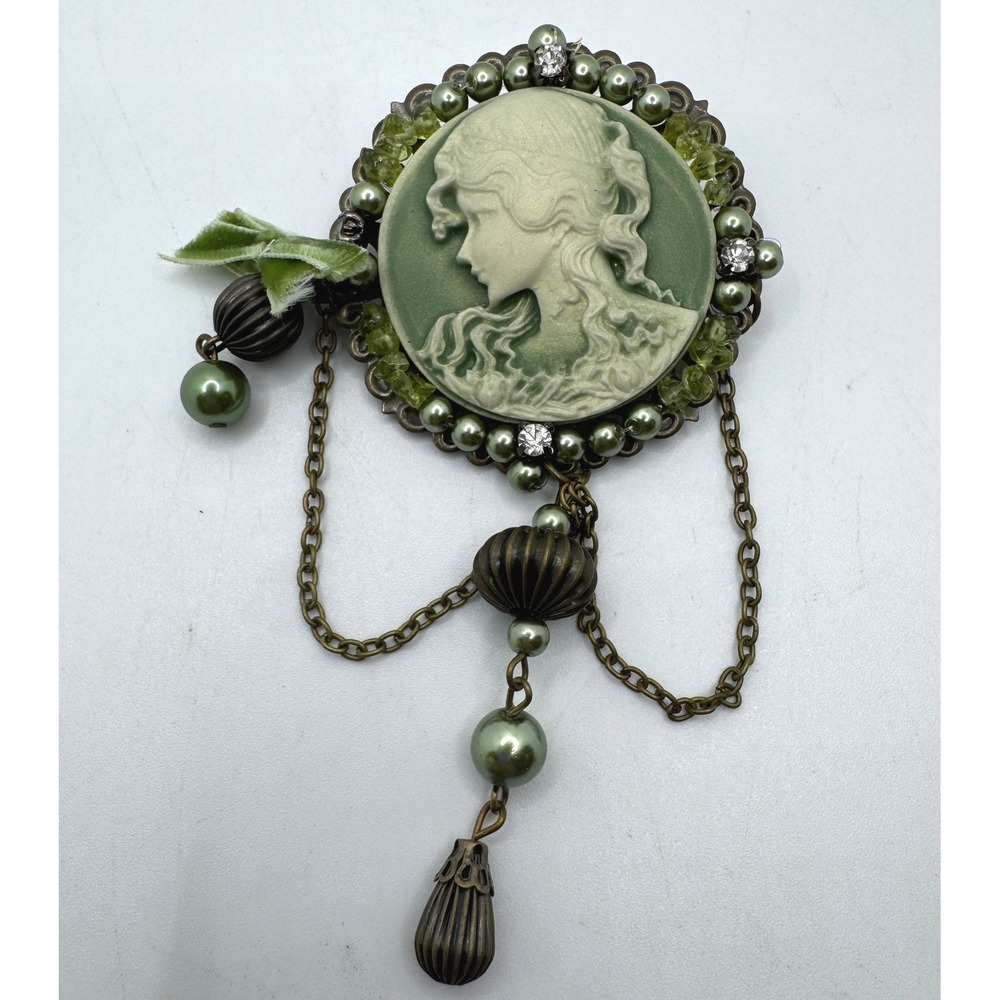 Sage Green Cameo Brooch Victorian Style Draped Chain Faux Pearl Velvet Bow